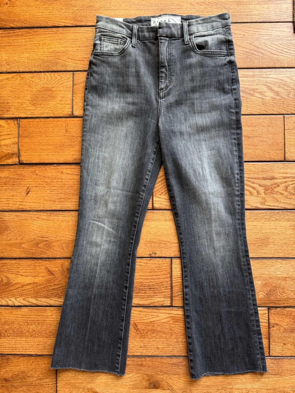 Frank & Eileen Killian Raw Hem Ankle Crop Flare Stretch Denim Black Jeans Sz 28